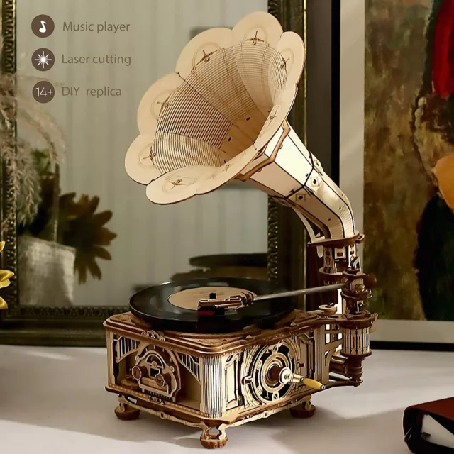 ROKR Retro DIY 3D Wooden Puzzle Laser Cut Luxury Gramophone Model Kit Xmas Toy