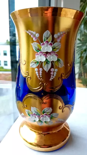 Glas Vase - BOHEMIA - kobaldblau - 24K Goldauflage - dekorativ -  H = 15,5 cm