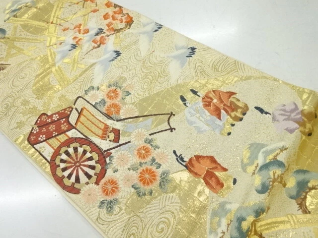81981# Japanese Kimono / Fukuro Obi / Woven Carriage & People In The Past