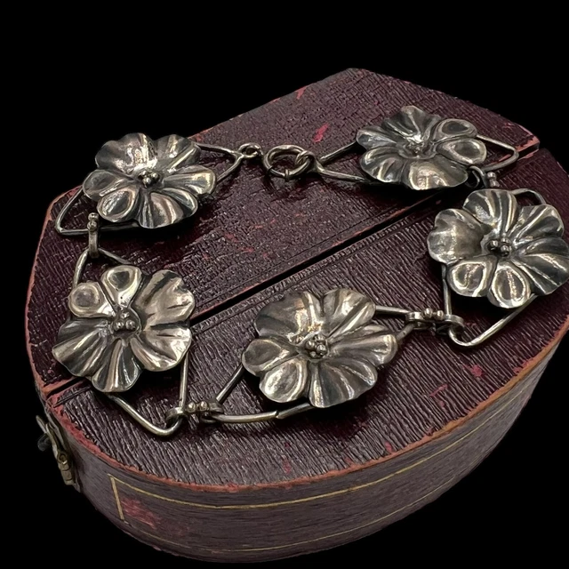 Antico Deco Vintage Argento Sterling Danecraft a Sbalzo Bracciale Fiore 12.6g