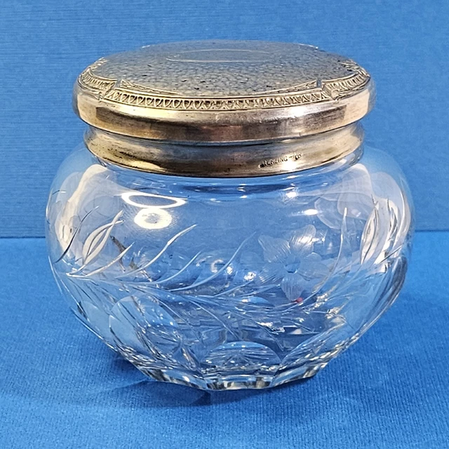 Antique Webster Sterling Silver Lid and Cut Glass Dresser Jar or Trinket Box