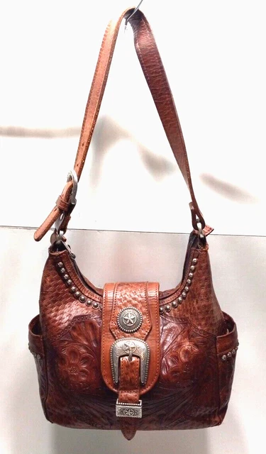American West Vtg Tooled Leather Bag Nailheads Concho Buckle Over Zipper Closure