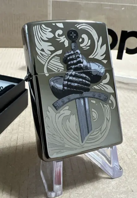Zippo Windproof Lighter KNIGHTS GLOVE SWORD Black Ice NEW IN BOX FREE POST