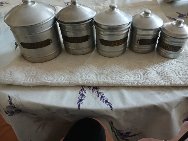 Série de 5 anciens pots à épices en aluminium - Décoration de cuisine - Idée de cadeau vintage pour Noël - France