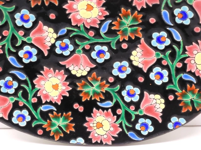 *BELLE ANCIENNE ASSIETTE CERAMIQUE  LONGWY NOIRE FLEURS MULTICOLORES Déco 5670 D 10