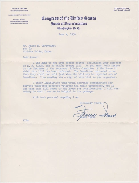 FRANK IKARD - US Congressman from TEXAS 1956 Typed Letter Signed - Was WWII POW