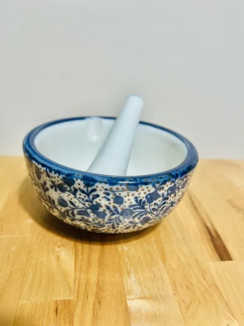 Small Blue and White Porcelain Mortar and Pestle Made In Japan