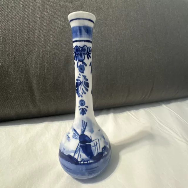 Beautiful Vintage DA Hand Painted Delfts Blue Bud Vase 6 1/4" high, long neck