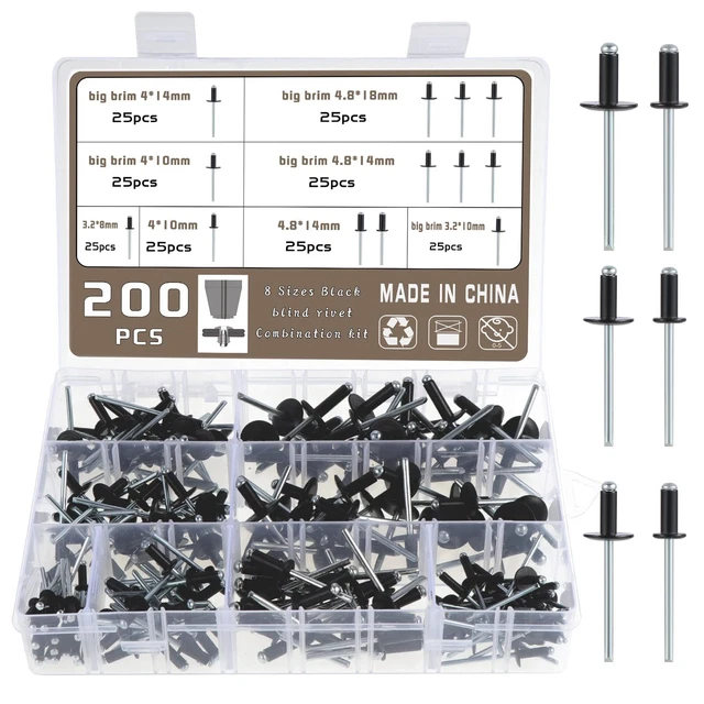 200pcs 8 Sizes Blind Rivet, Aluminum Pop Rivets Black Dome Core Pulling R...