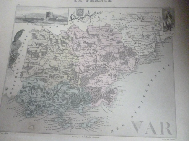 CARTE DÉPARTEMENT VAR , extraite Nouvel Atlas Illustré Vuillemin 1891 ...