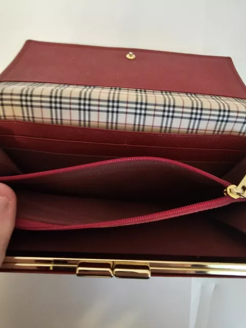 Burberry London Red Leather Checkbook Long Wallet Burberry Plaid Lining 3