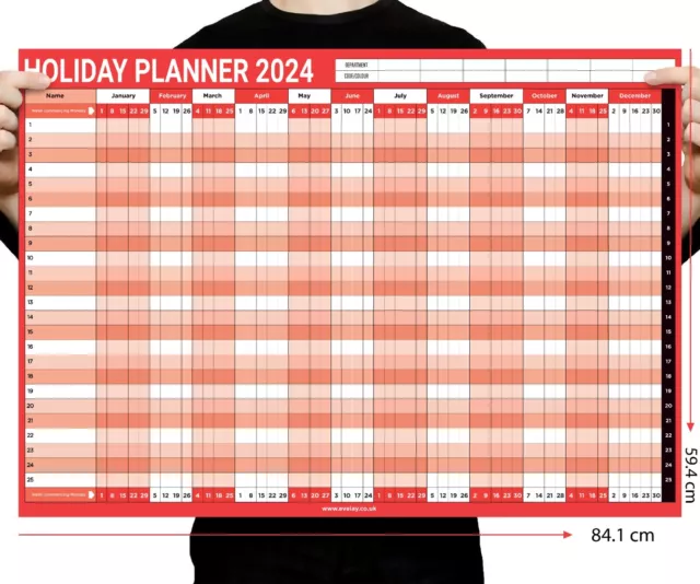 2024 A1 Size Staff Holiday Year Wall Planner Calendar Home Office Work JAN DEC