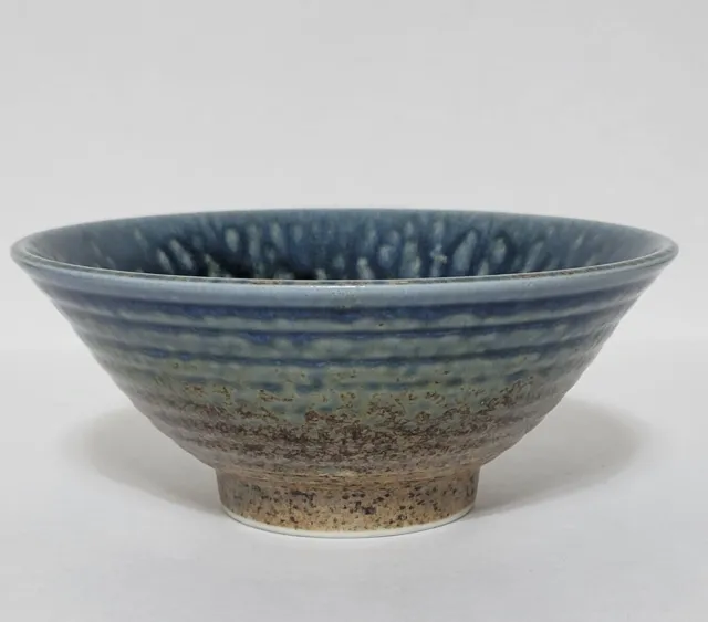 Signed Porcelain Studio Art Pottery Deep Noodle or Rice Bowl Blue Brown Footed