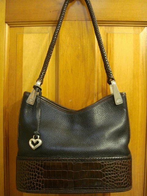 BRIGHTON Black Pebbled Leather with Brown Croc Embossed Trim Shoulder Tote Vtg