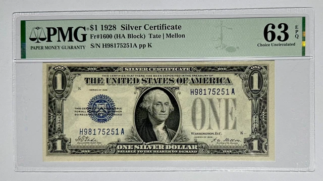 UNITED STATES 1928 $1 Silver Certificate. FR Number: 1600. PMG Graded: 63 EPQ.
