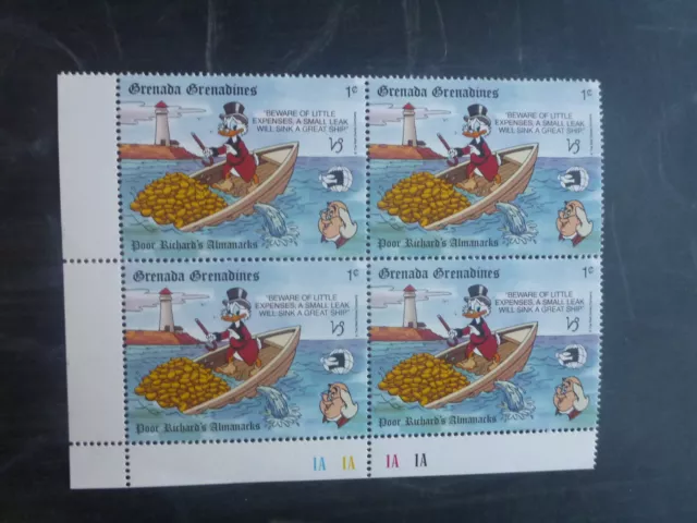 GRENADINES 1989 WORLD STAMP EXPO DISNEY CHARACTERS 1c RATE BLK 4 MINT STAMPS