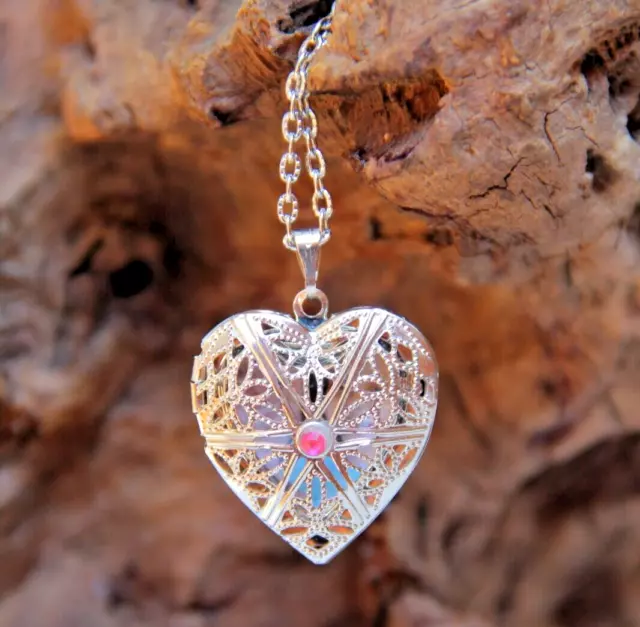 Heart Locket Necklace with Pink Crystal Photo Jewelry Custom Medallion for Women