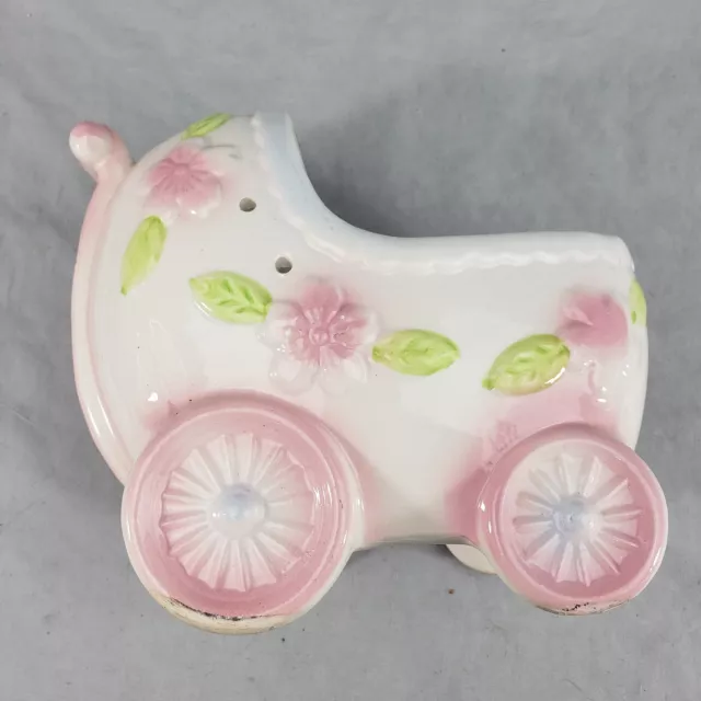 Vintage Japan Baby Buggy Nursery Planter With Pink Flowers & Ribbon Holes 2