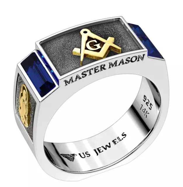 Men's 8mm Two Tone 925 Sterling Silver Blue Lodge Synthetic Sapphire Masonic Rin