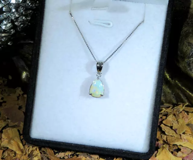 Luminescent natural Australian Solid White Opal pear cabochon silver pendant ⚡