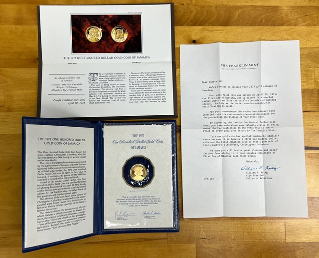 1975 Franklin Mint Columbus $100 Jamaica Discovery .900 Gold Coin 7.83 Grams
