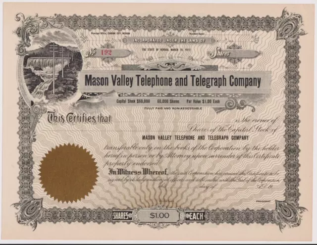 Mason Valley Telephone & Telegraph Company Stock Certificate Carson City Nevada