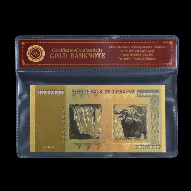 Zimbabwe 100 Trillion Coloured Gold Banknote Plated With COA Certificate 2