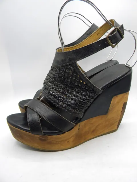 Bed Stu Petra Black Leather Wedge Heel Distressed Wooden Platform Sandal Sz 11