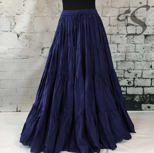 Indiano Blu Navy Fronzoli Gonna Cotone Allegra Solido Lunga Festa Spiaggia