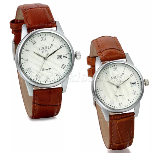 Charm Roman Numbrals Dial Couples Men's Women's Leather Date Quartz Wrist Watch