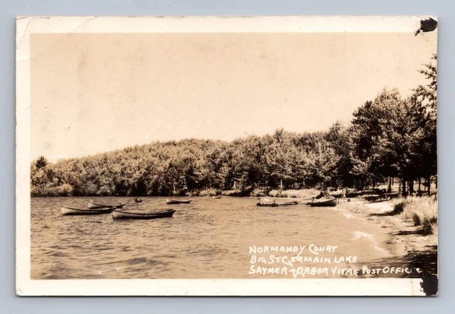 Big St. Germain Lake "Normandy Court" RPPC Sayner Arbor Vitae Wisconsin (Trim)