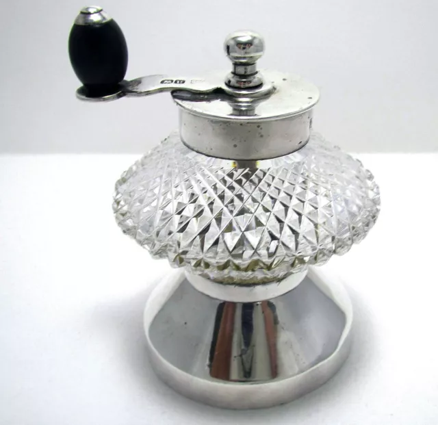 Antique Victorian Sterling Silver Cut Glass Pepper Mill/Grinder, Hukin & Heath.