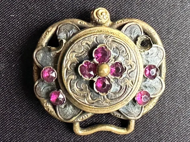 Superb French Antique Victorian Buckle Gold plated engraved w Garnet ornaments