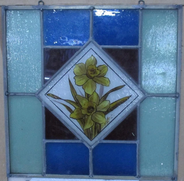 OLD ENGLISH STAINED GLASS WINDOW Unframed w Hooks Painted Floral 16.75" x 17.25"