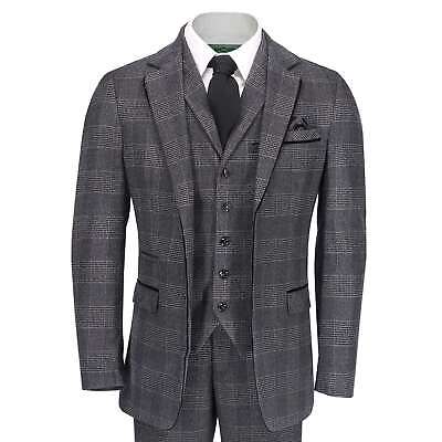 Mens Tweed Suit 3 Piece Grey Herringbone Check Retro Classic 1920s Tailored Fit