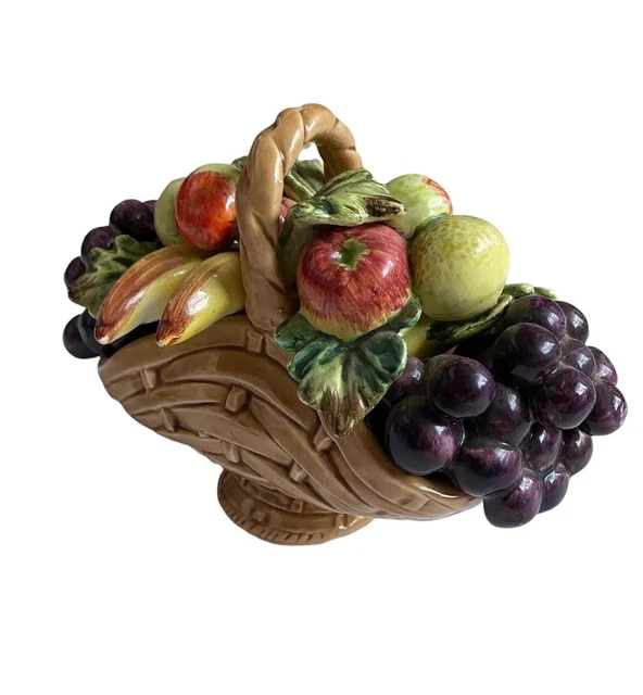 Vtg Majolica Fruit Basket Porcelain Vase Bowl Grapes Braided