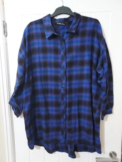Ladies Yours Blue/Black Long Checked Shirt/Blouse Top Size 20