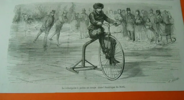 Gravure 1864 - Vélocipède à patins en usage dans l'Amérique du Nord