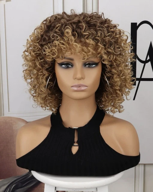 Perruque Synthétique Afro - Boucles Brunes Dorées - Courte Avec Frange - Taille Moyenne - Femme