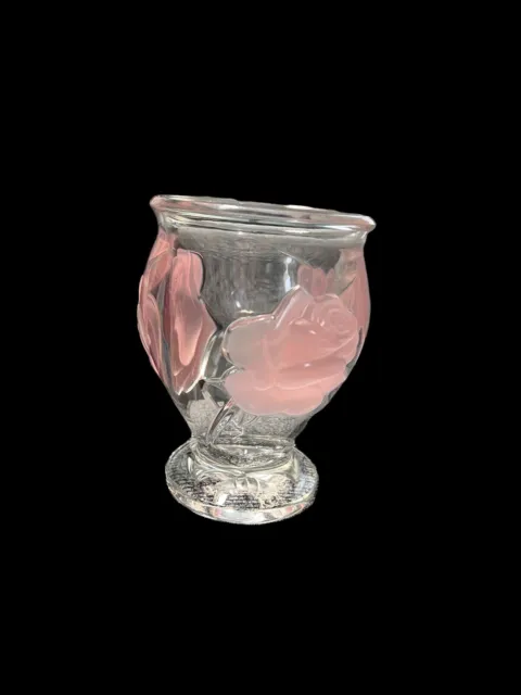 Teleflora Glass Heavy Vase Raised Puff Frosted Pink Roses Lead Crystal France 2
