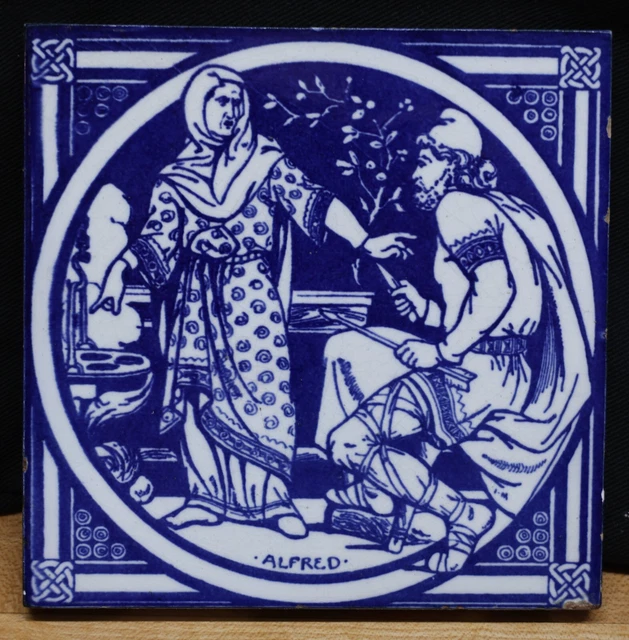 Antique Mintons Stoke on Trent Blue Clay Tile - King Alfred - English History