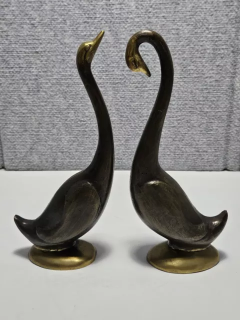 Vtg Mid-Century Modern MCM Pair Set of 2 Brass Swan Figurines Labeled Mexico