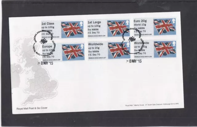 GB 2015 Post & Go Frama ATM Union Flag NMRN VE Day 70 FDC Alrewas pictorial pmk