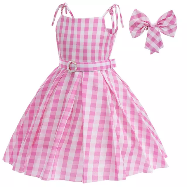 Barbie Girls Dress + Bow Hair Clip Pink Checker Cosplay Costume Halloween Party