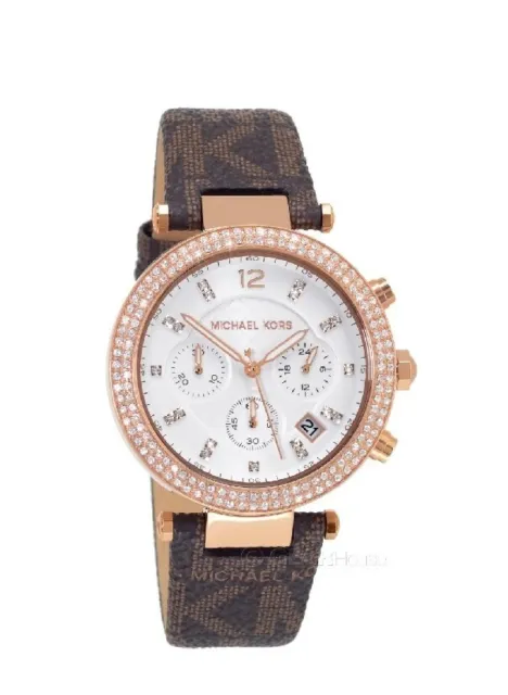 Michael Kors Parker Womens Chronograph Watch White Dial Rose Gold Brown PVC Band