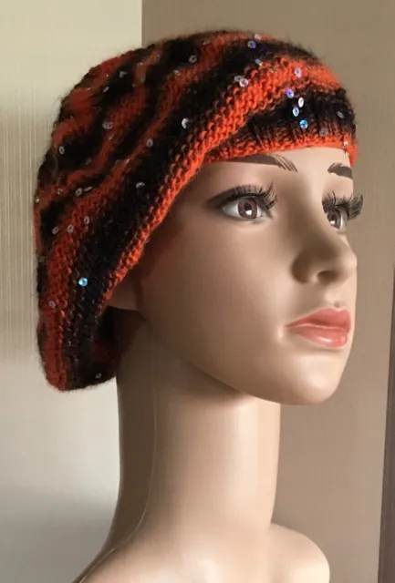 Girls Beret ~ Hand Knitted In Orange Wool Blend Fancy Yarn ~ 21” Round Brim