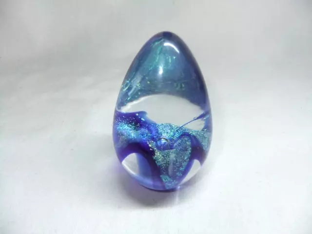 GES Glass Eye Studio Paperweight Art Glass Blue Sparkly Sparkle Floral Egg 1990?