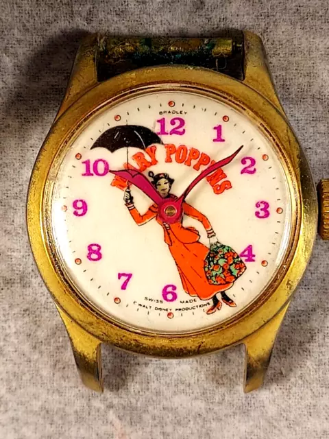 RARE BRADLEY Disney Mary Poppins Watch Swiss Made Wind-Up Orange Littering/Dress