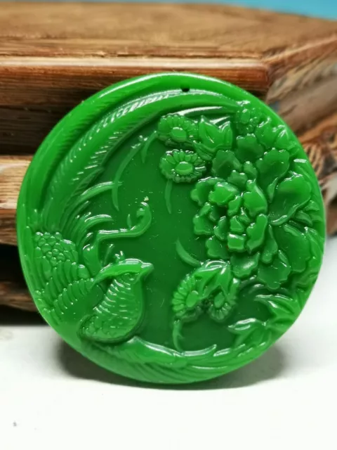 Nice Chinese Natural A Spinach Green Jade Hand Carved Phoenix Peony Pendant sd4