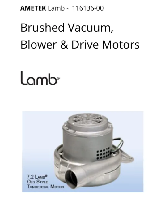 Ametek Lamb Brushed Vacuum Motor Model 116136-00